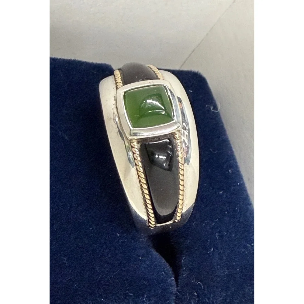 Mens 925 Sterling Silver 14K Gold Green Jade Black Onyx Ring Size 10 7.85g